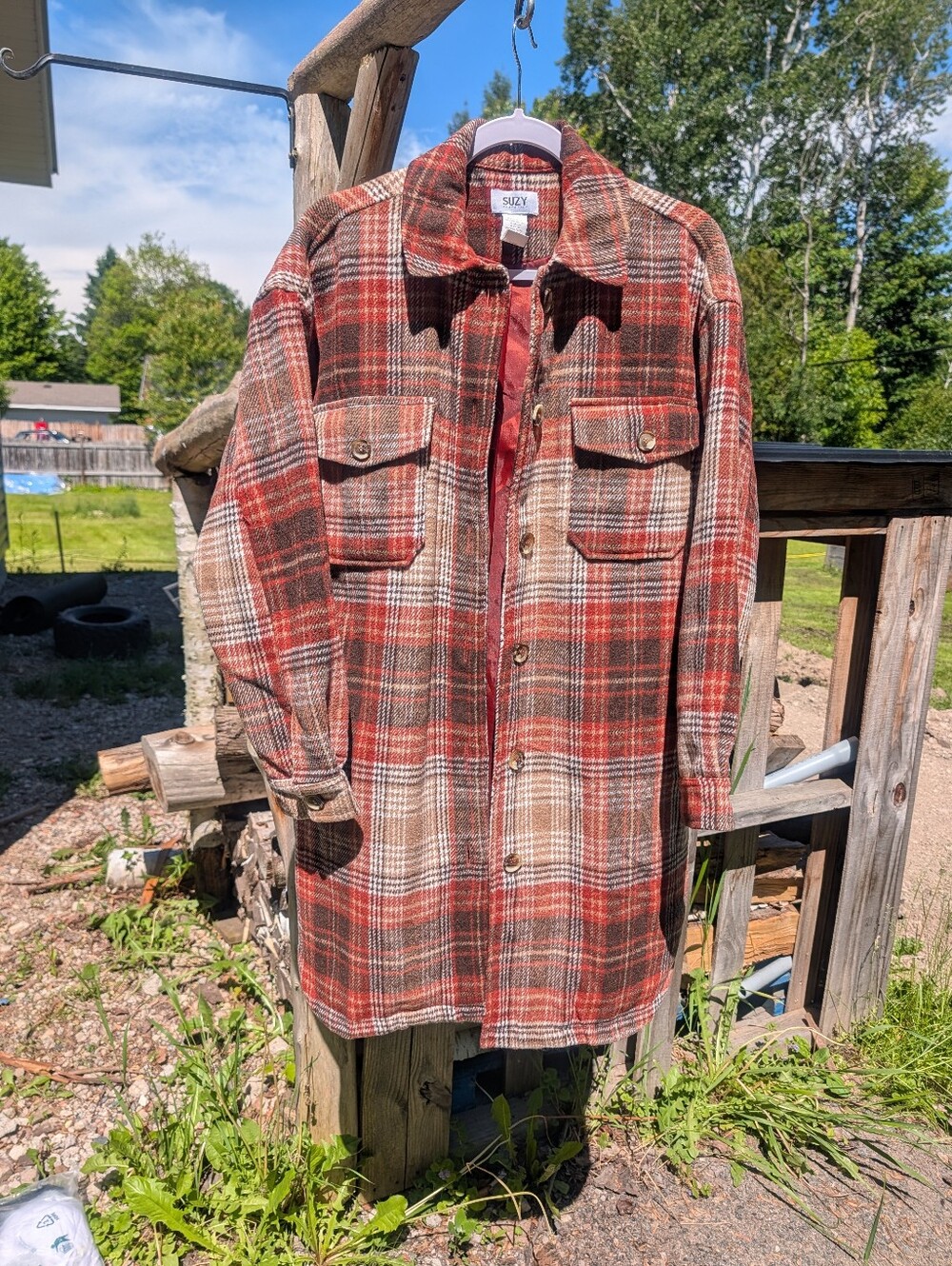 Suzy Shier Blush and Tan Plaid Oversized Shacket
